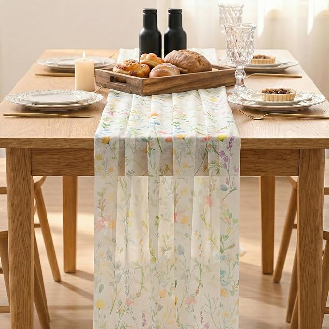 Artoid Mode Floral Spring Boho White Chiffon Table Runner 120 Inches 10FT - Image 2