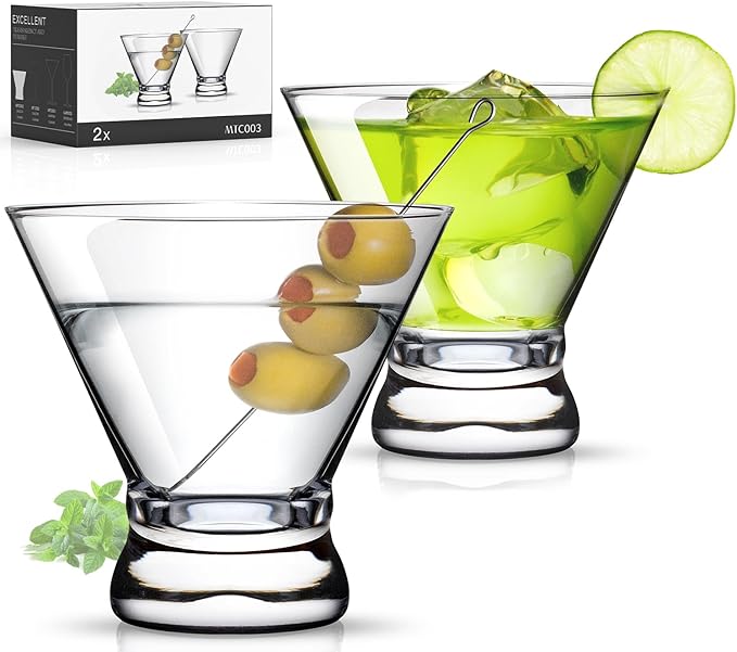 LUNA & MANTHA Martini Glasses Set of 2, Stemless Martini Cocktail Glasses for Margarita, Manhattan, Cosmopolitan, Home Bar, Evening Parties, Birthdays, Housewarming Gift, Crystal Clear 8 OZ
