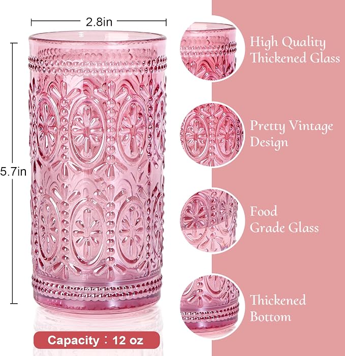 abrwyy Pink Drinking Glasses, 12oz Pink Glassware, Vintage Glassware | - Image 2