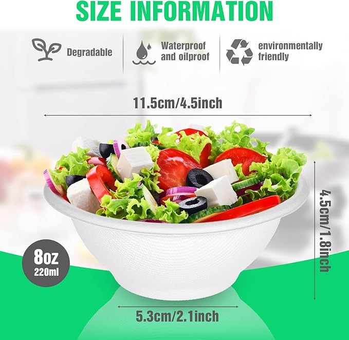 300 Pack Disposable Paper Bowls, White, 8 oz, Modern Style, Minimalist, Round, 4.5 Inch Width x 1.77 Inch Height, 220 ml Capacity, Lightweight, Ideal for Picnics, Camping, Parties, and Pets