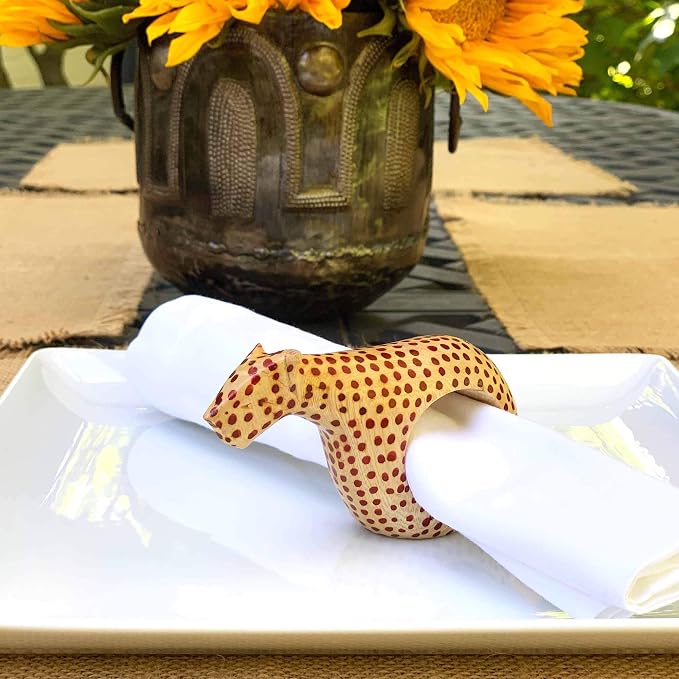 KWF012_C - Handcarved Mahogany Wooden Napkin Ring Holders - Cheetah - Image 3