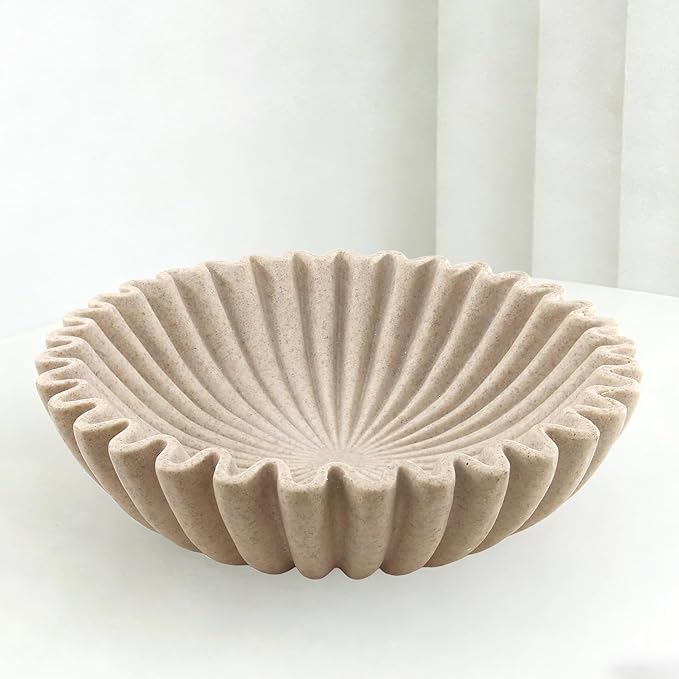 Large Modern Decorative Bowl, Fruit Bowl for counter, Modern Home Decor, Ruffle Bowl for Kitchen Counter Coffee Table, Key Bowl for Entryway Table, 10", Beige