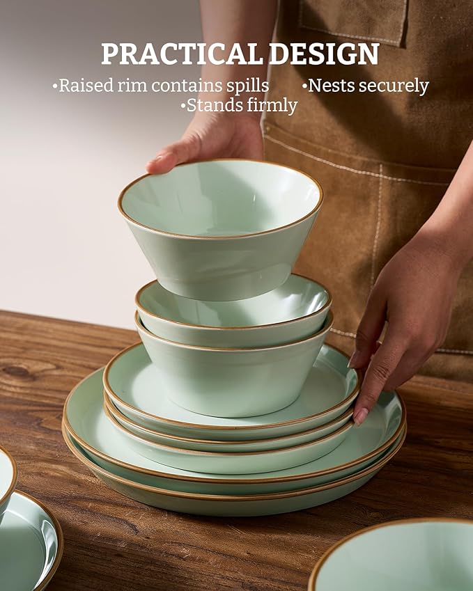 Famiware Saturn Stoneware Dinnerware Sets for 8 (24 Pieces), Ceramic Plates and Bowls Dish Sets with Hand-Painted Trim - Chip & Scratch Resistant, Microwave & Dishwasher Safe Tableware, Light Green