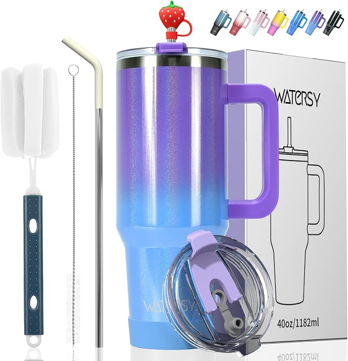 40 oz Shiny Tumbler with Handle and Straw, Stainless Steel Tumbler with Lid and by Watersy