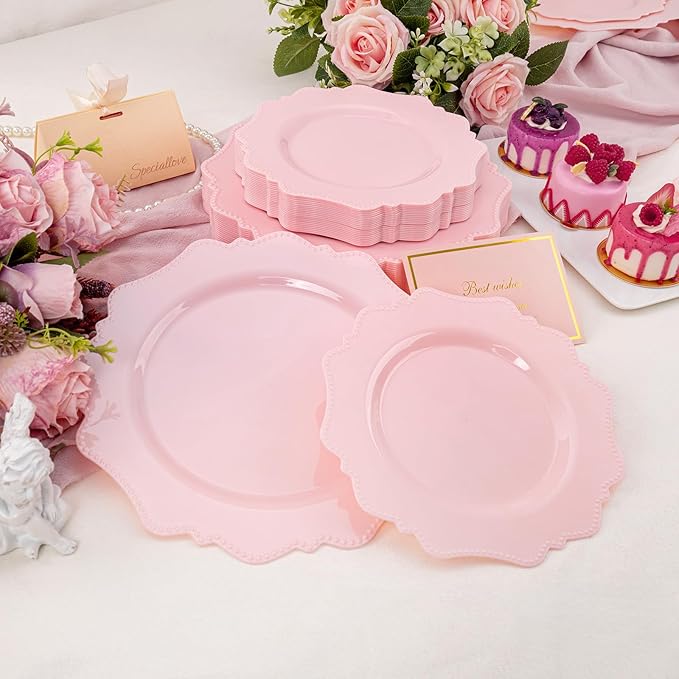 COLOSUS 100 pcs Pink Plastic Plates Set, Nice Disposable Plates,Pink Disposable plates Set for 50 Guest include 50 Dinner Plate 10.5 &50Dessert plates 8.25 for Party,Wedding, Birthday, Valentine's Day