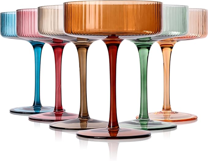 Colored Vintage Art Deco Coupe Glasses Set of 6 |Ribbed 9 oz Valentine's Day martini Glasses |Colorful Cocktail Glasses Set,Colored Coupe Glass,Champagne Coupe Glasses for Cocktail,Martini,Champagne