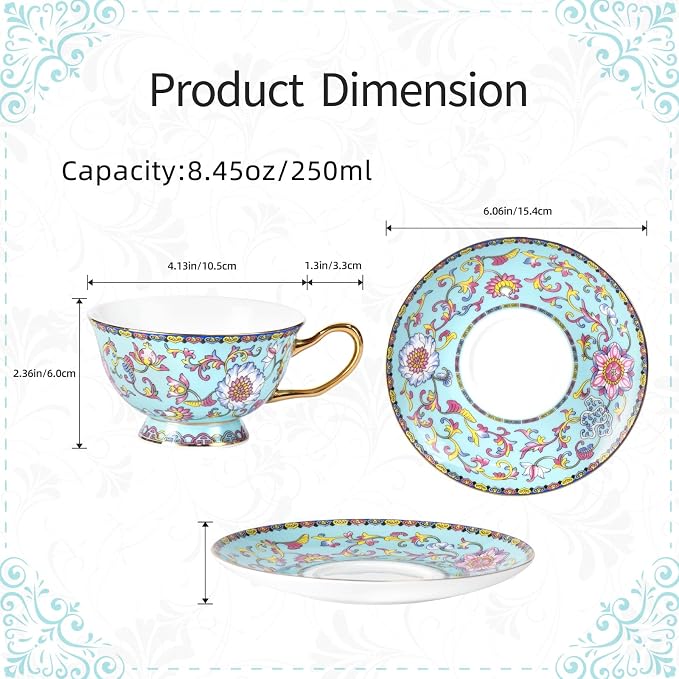 KAMMAK Tea Cups and Saucers Set of 2, Porcelain Coffee Cups, JBE021 | Stackable - Image 2