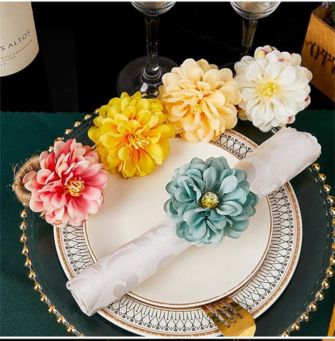 Floral Napkin Rings Set of 6,Rustic Rose Napkin Rings Flower Dinner Napkin Holder for Table Decoration (34#Blue)