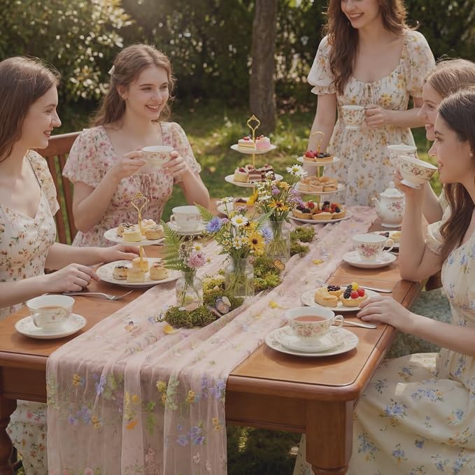 Pink Floral Table Runner 10ft Embroidery Tulle Spring Wildflower Table Runner - Image 6