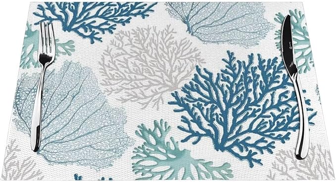 Placemats Set of 4 Nautical Blue Coral Place Mats Coastal Teal Beige Coral Woven Table Mats Washable Ocean Theme PVC Placemat for Dining Kitchen Decor Indoor Outdoor, 12 x 18 Inch