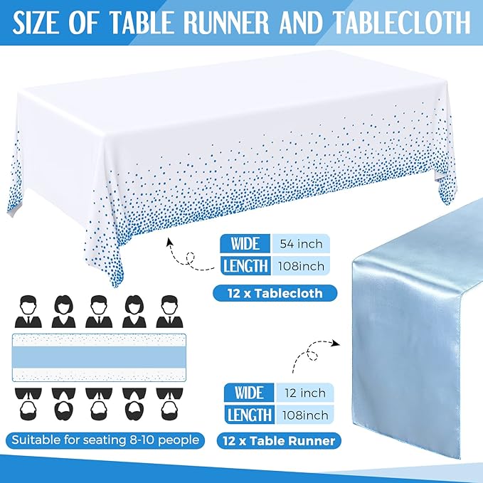 Breling 24 Packs Baby Blue and White Disposable Plastic Tablecloths and Satin Table Runner Set, 54 x 108 Inch Tablecloth, 12 x 108 Inch Table Runners for Wedding Graduation Birthday Baby Shower