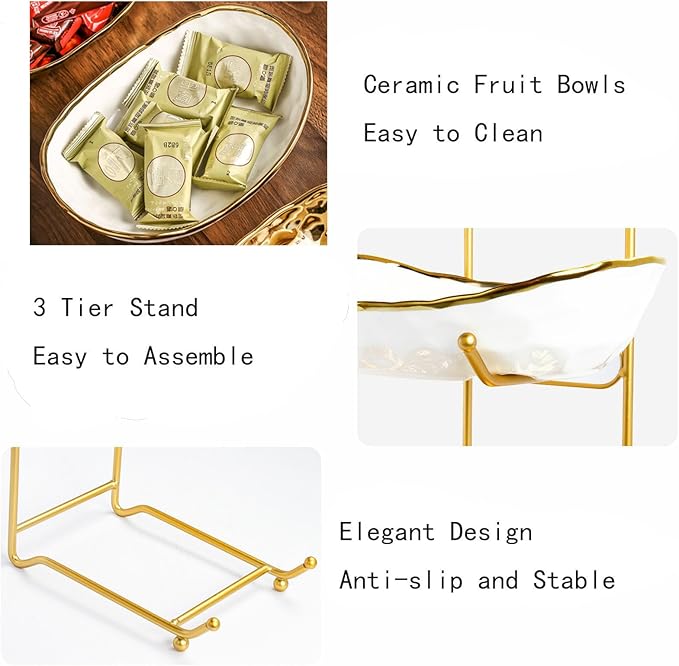 2-Tier Fruit Bowls for Kitchen Counter,Ceramic Bowl with Gold Metal Stand,2 Tier Fruit Basket for Fruit,Snack,Cake,Nuts,Dessert Space Saving Storage