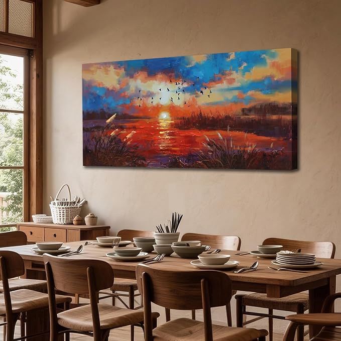 Anolyfi Red Sunset Reed Canvas Wall Art for Living Room, Sunset over the Lake Wall Decor Decorative Painting Large Artwork for Men Room Hallway Bedroom Kitchen Office Home Decor 40"x20"
