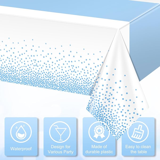 MASHAN 3Pcs White and Light Blue Tablecloth Party Decorations, Plastic White - Image 3