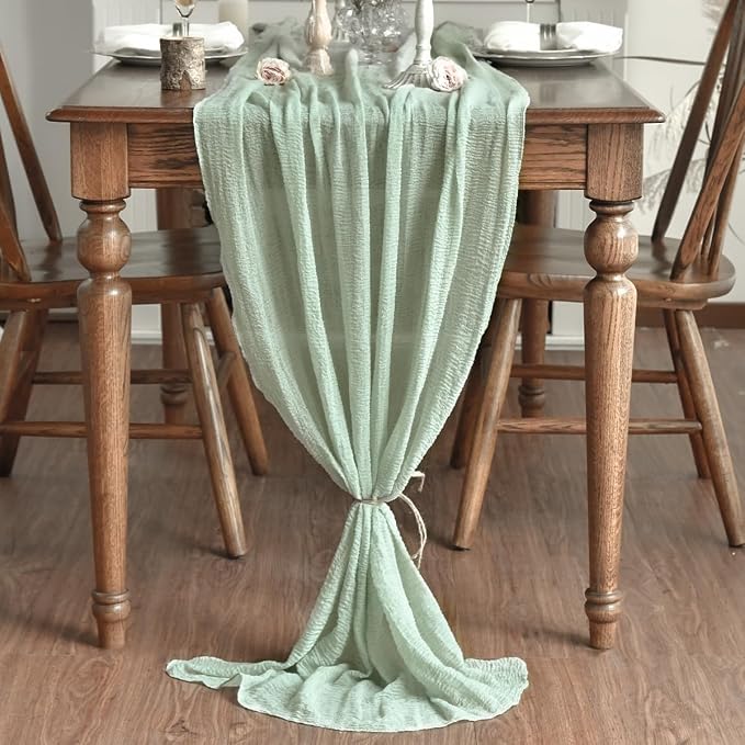 Artoid Mode Boho Sage Green Gauze 6 Pieces Wedding Table Runner, 120 Inch - Image 3