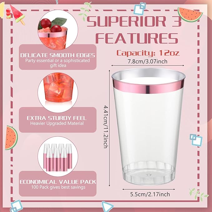 Patelai 100 Pcs Valentine's Day Plastic Cups 12 oz Pink Rimmed Plastic Cups Heavy Duty Disposable Wine Glasses Clear Pink Cocktail Glasses Drinking Tumblers for Galentines Day Party Wedding