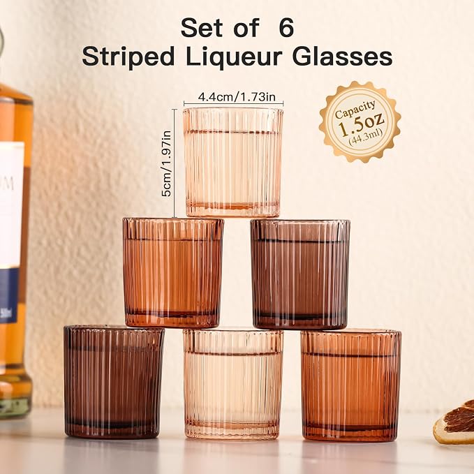 JOVGANK Mini Amber Shot Glasses Set of 6 – 1.5oz Small Vintage Ribbed Glassware - Image 2