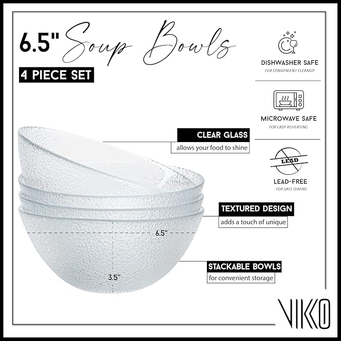 Vikko Soup Bowls, 6.5 Inch Salad Bowls, Glass Soup Bowls, Elegant Textured Glass Bowls, Set of 4, Dishwasher Safe