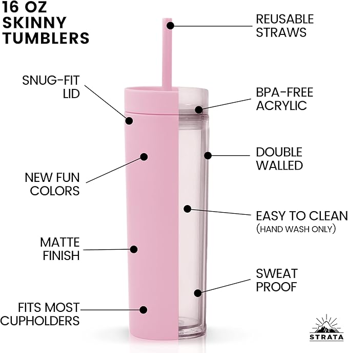STRATA CUPS Pink Skinny Tumblers with Lids and Straws (4 pack) - 16oz Matte Pastel Colored Acrylic Tumblers with Lids and Straws, Double Wall Skinny Tumbler Bulk, Reusable Cup with Straw Cleaner