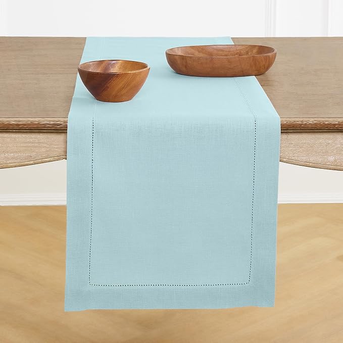 Solino Home 100% Pure Linen Table Runner Aqua Blue Hemstitch, 14 x 144 in | by SolinoHome
