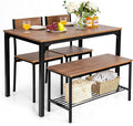 Giantex Dining Table Set for 4, 43" Kitchen Table and Chairs, Dining Bench with Metal Frame & Storage Rack, 4-Piece Modern Functional Desk Set for Dinette, Small Space, Apartment, Restaurant, Brown