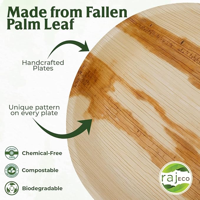 Raj Palm Leaf Plates [100-Pack] 10" Round Plates (2 CASES - 200 PACK) like Bamboo plates Disposable, Strong, Decorative Compostable Tableware for weddings, Lunch, Birthday, Camping, Outdoor