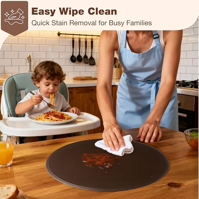 Round Vinyl Brown Placemats Set of 6, Faux Leather Waterproof Wipeable Heat Resistant Place Mats, Washable Table Mats for Halloween, Thanksgiving & Christmas Dinner(Dark Brown)