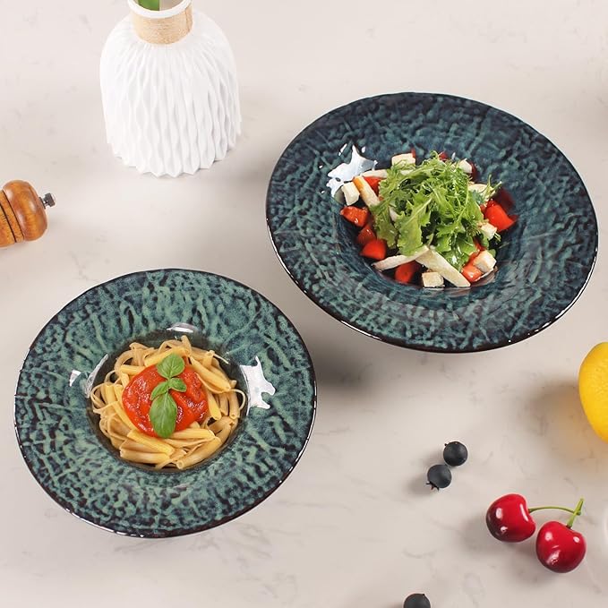 Ceramic Pasta Bowls, 22.2 oz Pasta Plates, Reactive Glaze Pasta Bowl Set of 4, Large Wide Serving Bowls for Salad, Dessert, Fruit, Microwave & Dishwasher, Oven Safe