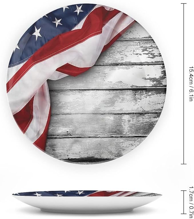 Decorative Plates, American Flag Print Ornament, Flag on Wood Planks, 8 Inch, Kitchen Wall Decor, Multicolor