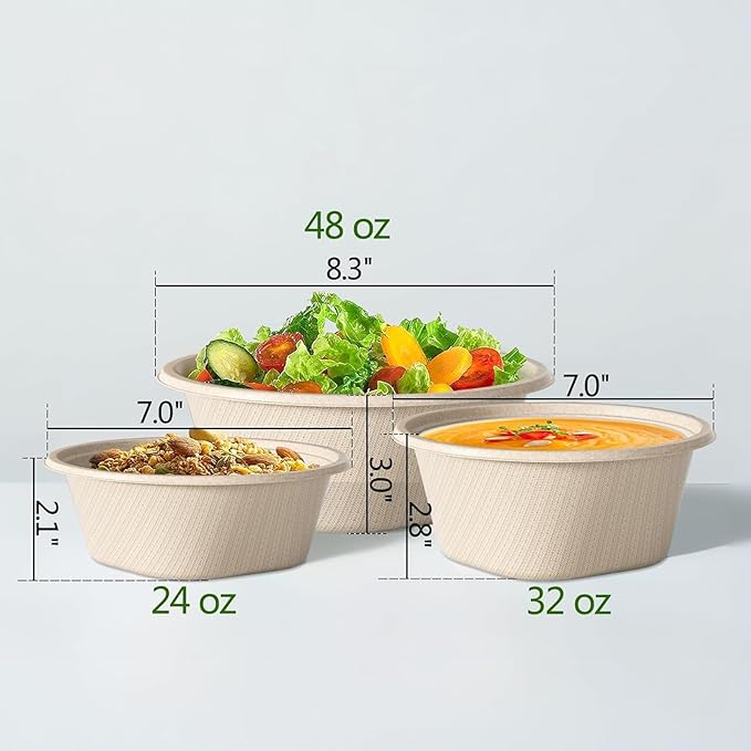 32 Oz Deep Paper Bowls Disposable Bowl - Disposable Heavy Duty Compostable Bowls, Eco-friendly Sugarcane Bagasse Biodegradable Bowl for Soup, Salad, Dessert, Ice Cream [50 Pack without Lds]