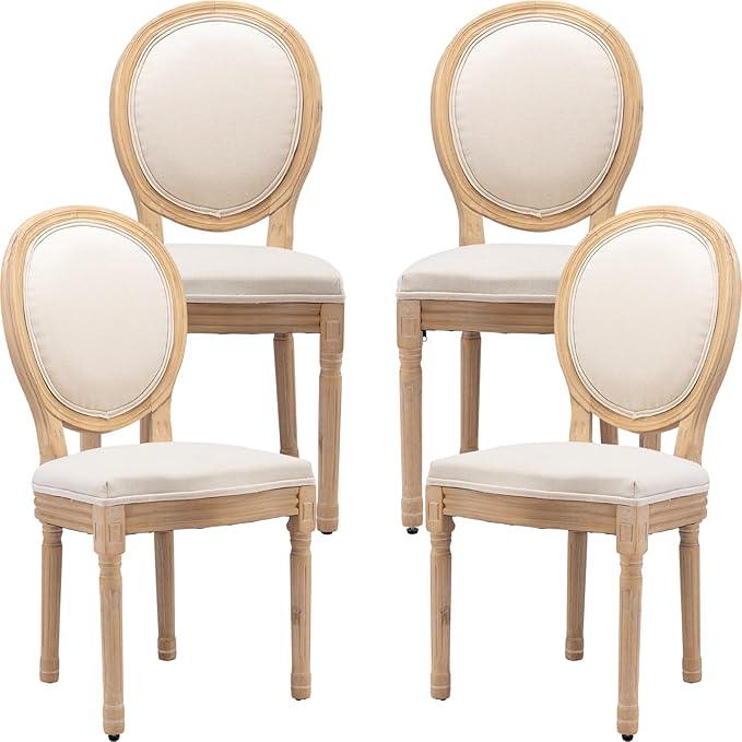 Vintage French Dining Chairs Set of 4, Round Back Accent Chairs with Linen Seat and Solid Wood Frame, Farmhouse Sillas de Comedor Upholstered for Dining Room & Kitchen, Beige