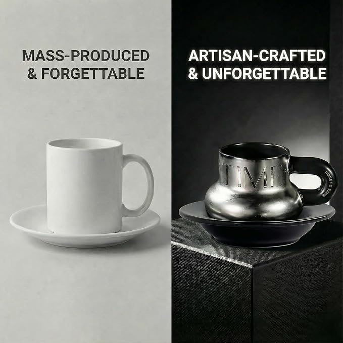 Volcanic Ash Titanium Finish Coffee Mug and Saucer Set | Modern Sculptural - Image 4