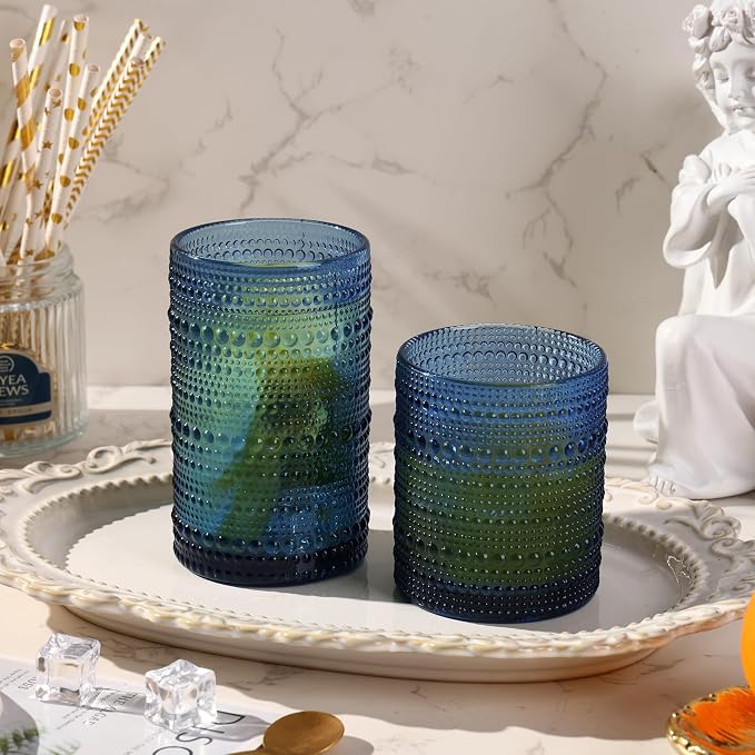 Moretoes Blue Hobnail Drinking Glasses Set of 6, Vintage Glass Cups | 12 Oz - Image 2
