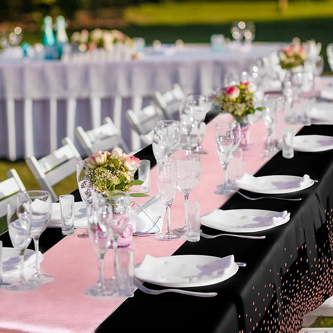 Breling 24 Packs Black and Rose Breling Disposable Plastic Tablecloths and Satin Table Runner Set, 54 x 108 Inch Tablecloth, 12 x 108 Inch Table Runners for Wedding Graduation Birthday Baby Shower