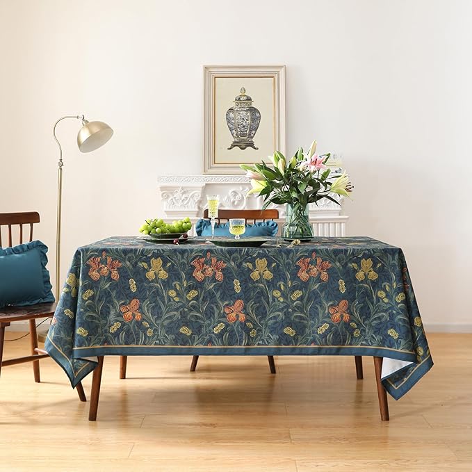 patdrea Designer Vintage Dark Blue Linen Rectangle Tablecloth,French Rustic Floral Pattern Tablecloths,Decorative Table Cover Cloth for Kitchen,Dining,Tea Party,Home,Christmas,55"*79"