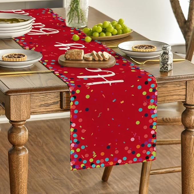 Artoid Mode Polka Dot Red Happy Birthday Table Runner, Seasonal Christmas - Image 3