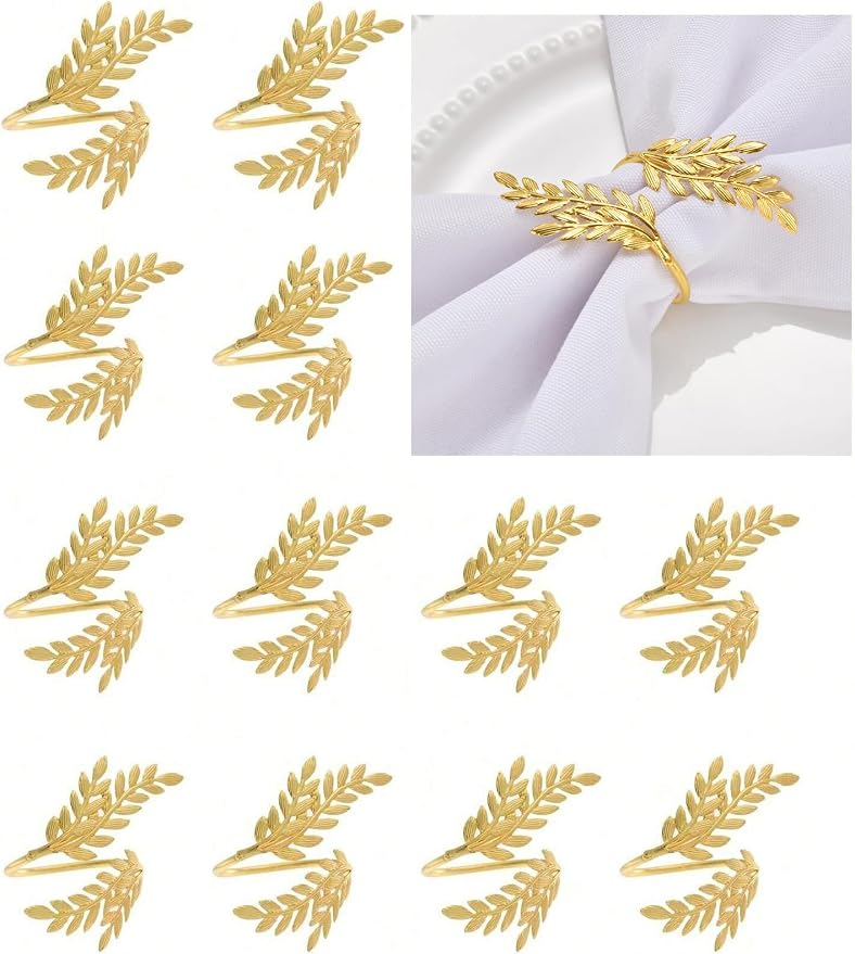 14K Gold Napkin Rings Set of 12, Metal Gold Leaf Napkins Rings Holder Buckles by FAZKAR