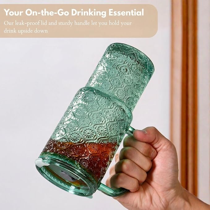 20 oz Green Glass Tumbler with Lid and Straw, Glass Iced Coffee Cups, - Image 4