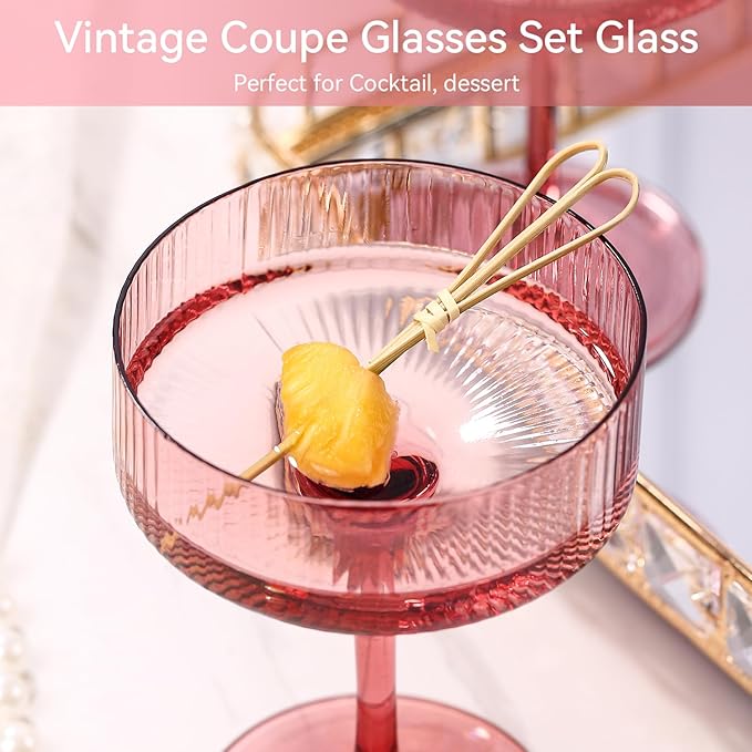 9 oz rose red Vintage Art Deco Coupe Glasses Set of 6 Ribbed martini Glasses |Vintage Cocktail Glasses Set,Unique Colored Coupe Glass