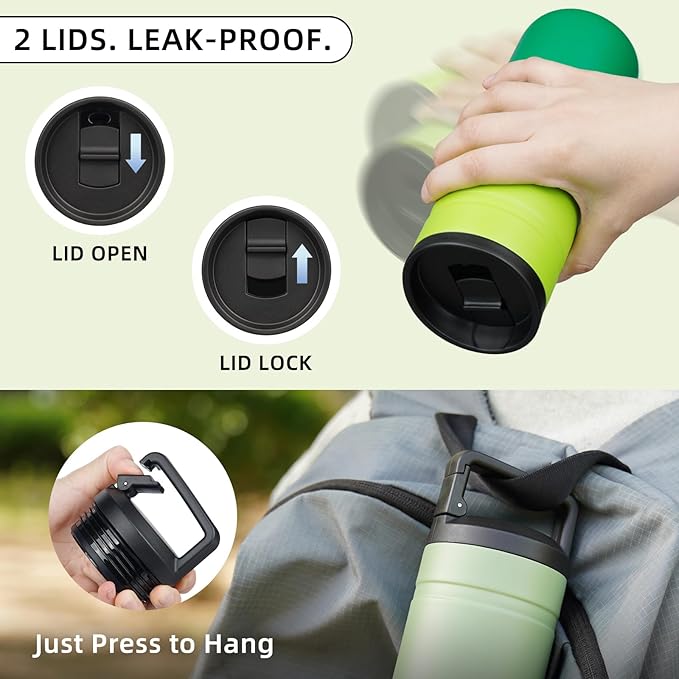 BJPKPK Insulated Water Bottle with 2 Lids,20 oz Double Wall Stainless Steel Vacuum Tumbler Travel Coffee Mug,Wide Mouth Thermal Cup,Matcha Green