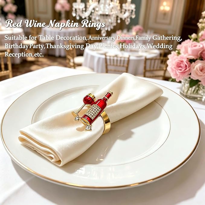 Christmas Napkin Rings Set of 12 Sparkly Rhinestone Red Wine Bottle Napkin - Image 4