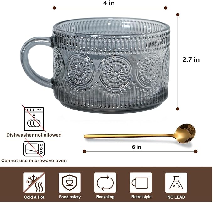 Vintage Glass Coffee Mugs, 14 Oz Set of 2 Embossed Glassware Tea Cups - Image 5