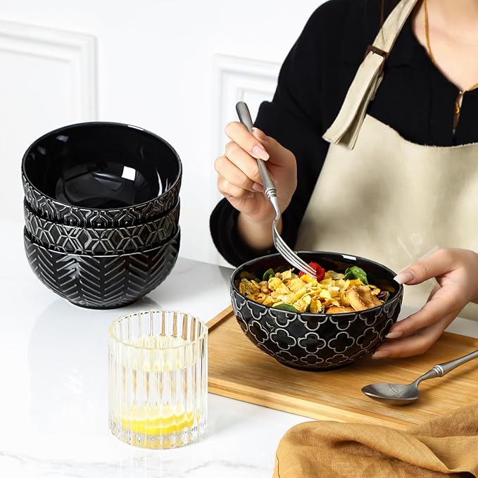 Sureasy Ceramic Cereal Bowls Set of 4, 5.9 Inch Deep Soup Bowls for Kitchen, 25 oz Embossed Stoneware Bowls for Pasta, Salad, Oatmeal, Noodle, Ramen, Microwave Dishwasher Safe, Set of 4, Black