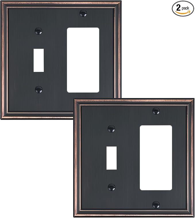 2-Pack Combo Toggle/Decorator Light Switch Cover Plate, Aged Bronze Decorative Electrical Outlet Covers, Durable Solid Zinc Alloy Wall Switch Plates and Outlet Covers
