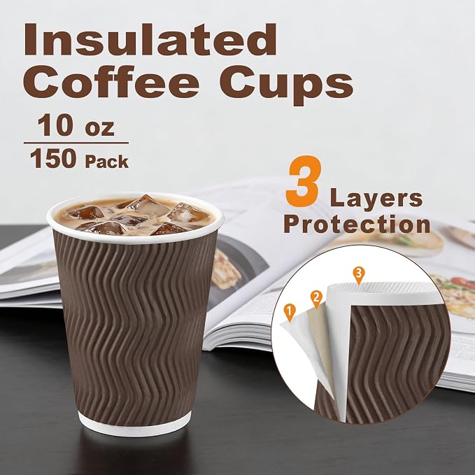 BYSNOW 150 Pack 10 oz Coffee Cups, Insulated Disposable Hot Paper Cups | - Image 2