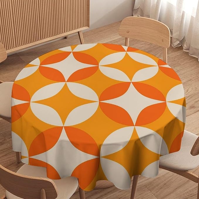 Retro Mid Century Round Tablecloth, Abstract Geometric Mid Century Colorful Pattern Print Tablecloth for Home Party Dining Room Kitchen Decor 60Inch(152cm)