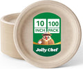 JOLLY CHEF Compostable Heavy Duty Plates 𝟭𝟬 𝗜𝗻𝗰𝗵 [𝟭𝟬𝟬 𝗣𝗮𝗰𝗸] Eco-Friendly Disposable Natural Paper Plate Bagasse Biodegradable Food Trays for Party Dinner Hot Cold Food Christmas (Brown)