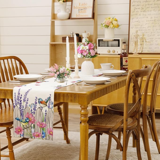 Summer Garden Floral Table Runner Birds Burlap Table Runners, Spring Lavender - Image 2