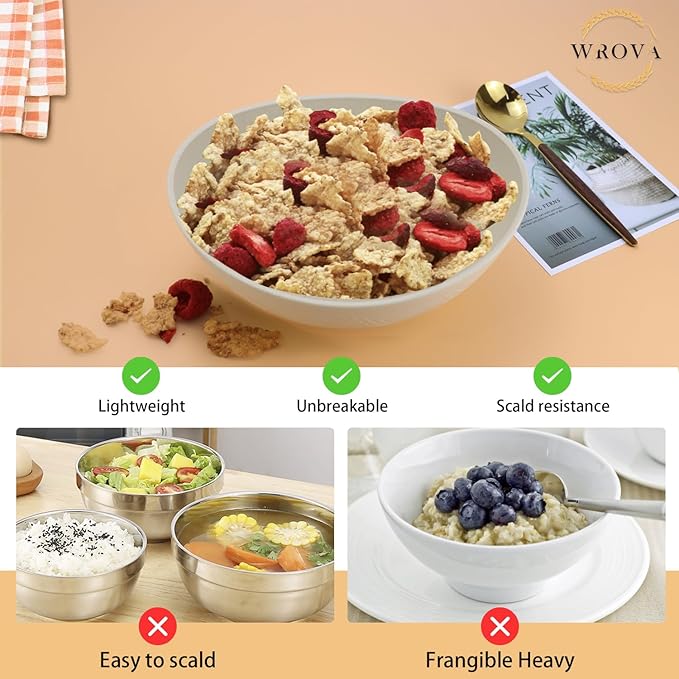Wrova 65oz Big Salad Bowls - Large Wheat Straw Bowls set of 6 - Unbreakable Serving Bowls - Microwave & Dishwasher Safe Bowl for Cereal,Salad - Vibrant Series
