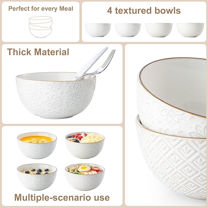 26 oz Ceramic Soup Bowls, Cereal Bowls Set of 4 – Oven & Microwave Safe French Onion Soup Bowls, Unique Embossed Patterns, Dishwasher Safe for Soups, Stews & Desserts
